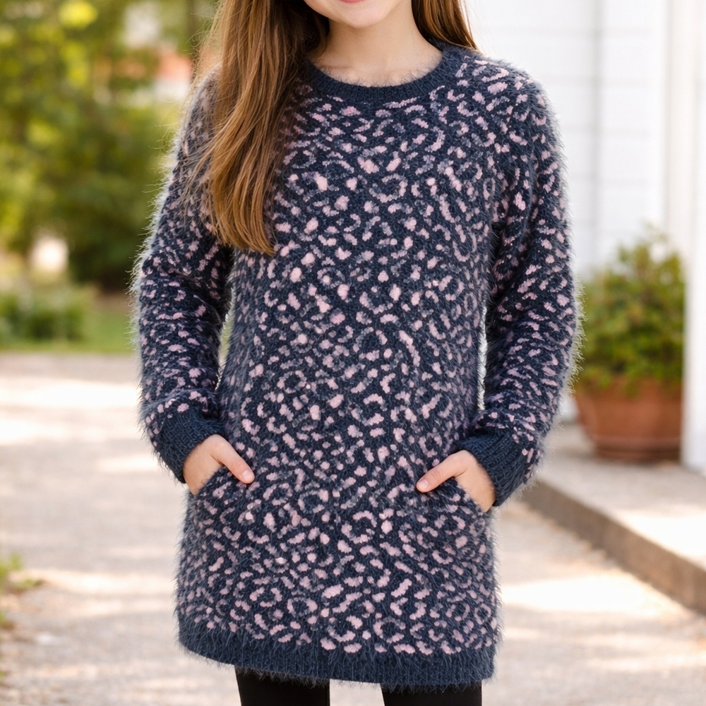 3 POMMES Mohair Leopard Print Sweater Dress NWT Girls Sz 11/12